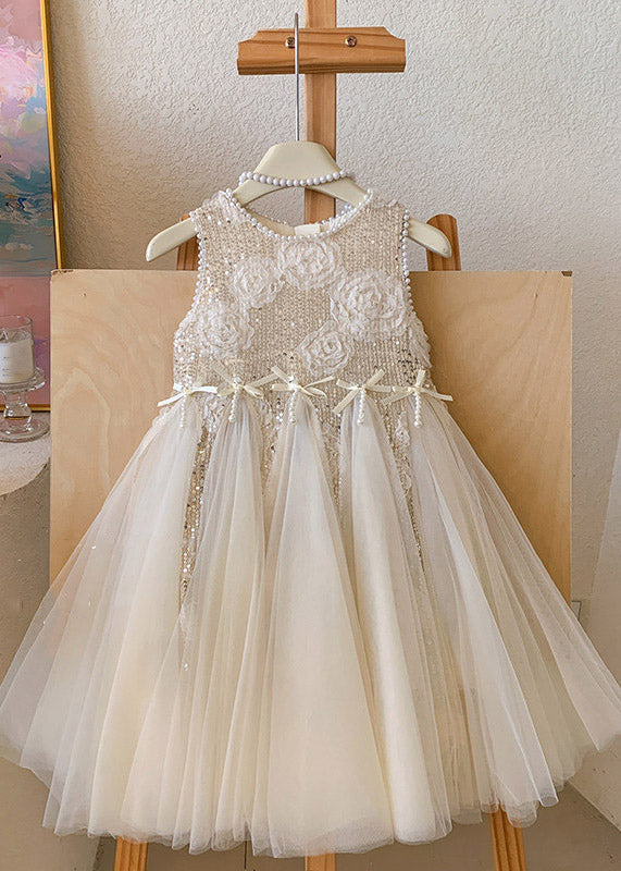 Elegant White O-Neck Sequins Patchwork Tulle Girls Long Dress Summer