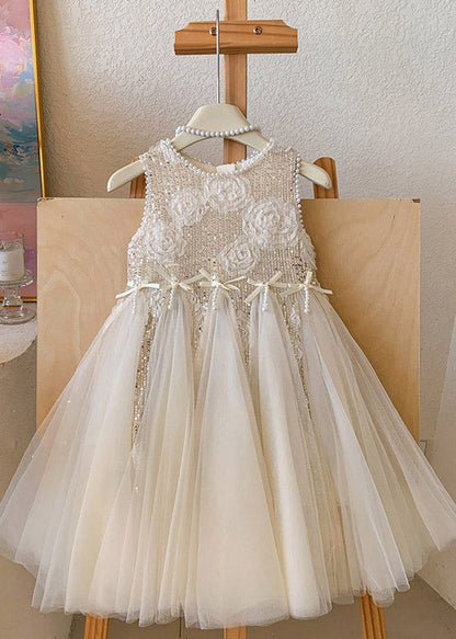 Elegant White O-Neck Sequins Patchwork Tulle Girls Long Dress Summer