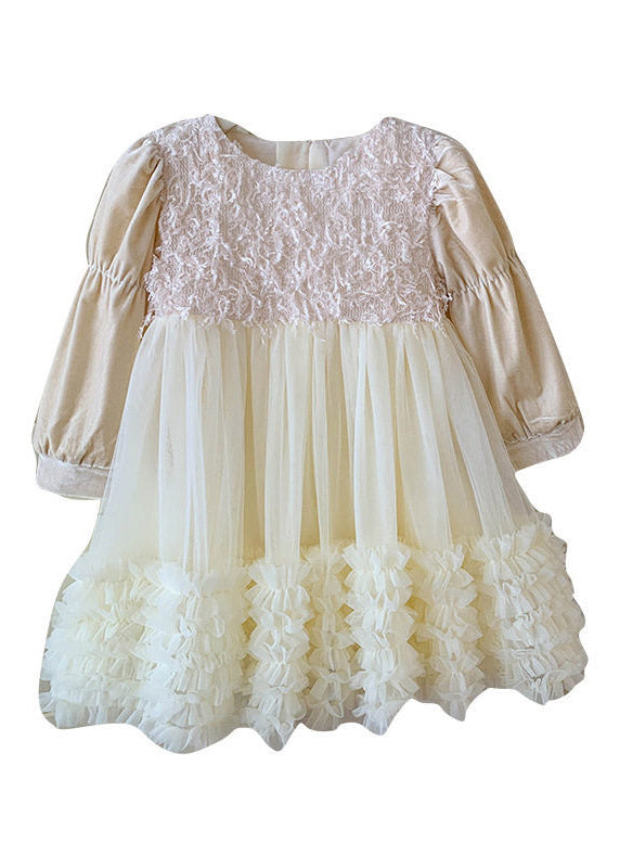Elegant White O-Neck Sequins Patchwork Tulle Girls Long Dress Summer