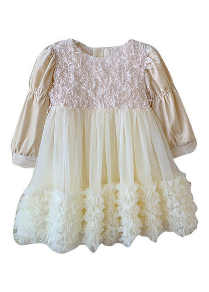 Elegant White O-Neck Sequins Patchwork Tulle Girls Long Dress Summer