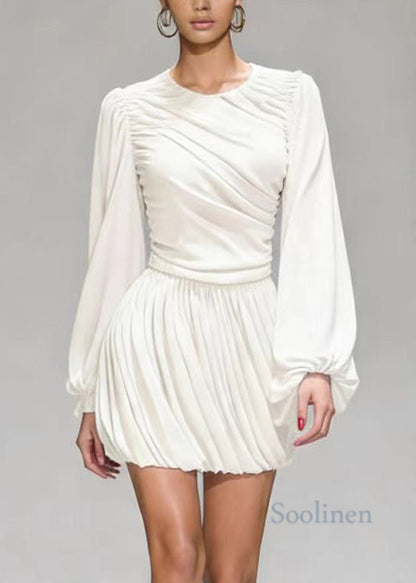 Elegant White O Neck Wrinkled Patchwork Mid Dress Lantern Sleeve