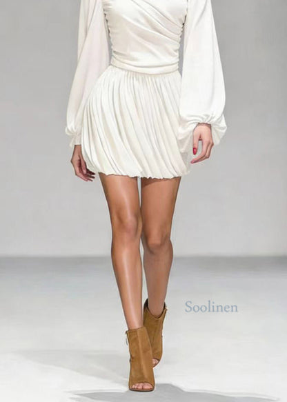 Elegant White O Neck Wrinkled Patchwork Mid Dress Lantern Sleeve