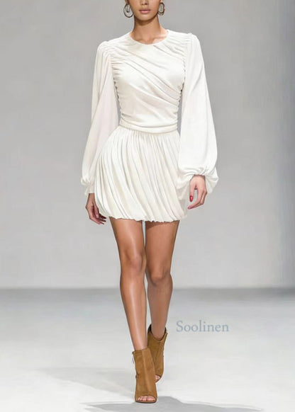 Elegant White O Neck Wrinkled Patchwork Mid Dress Lantern Sleeve