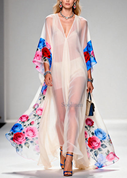Elegant White Oversized Print Sheer Chiffon Maxi Dresses Summer