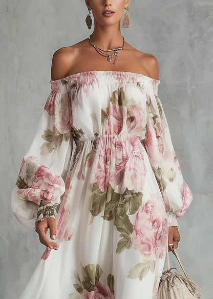 Elegant White Slash Neck Print Chiffon Maxi Dress Lantern Sleeve