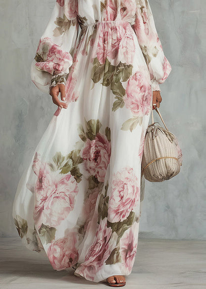 Elegant White Slash Neck Print Chiffon Maxi Dress Lantern Sleeve