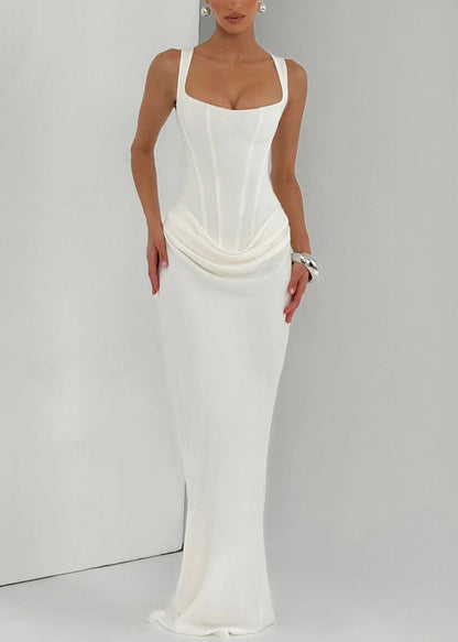 Elegant White Square Collar Flattering Maxi Spaghetti Strap Dress Sleeveless
