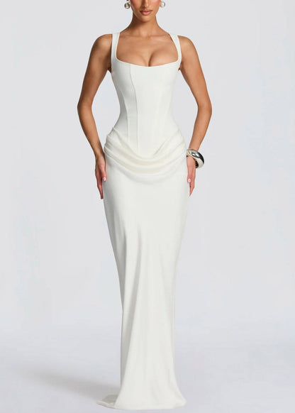 Elegant White Square Collar Flattering Maxi Spaghetti Strap Dress Sleeveless