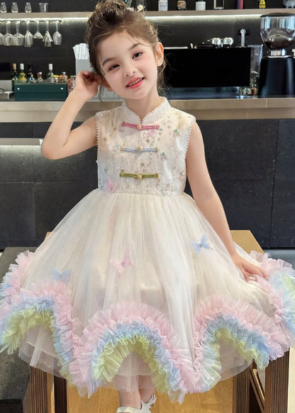 Elegant White Stand Collar Patchwork Tulle Kids Maxi Dresses Sleeveless