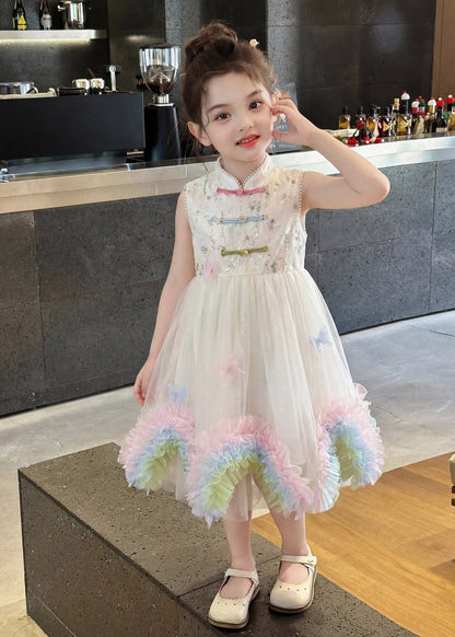 Elegant White Stand Collar Patchwork Tulle Kids Maxi Dresses Sleeveless