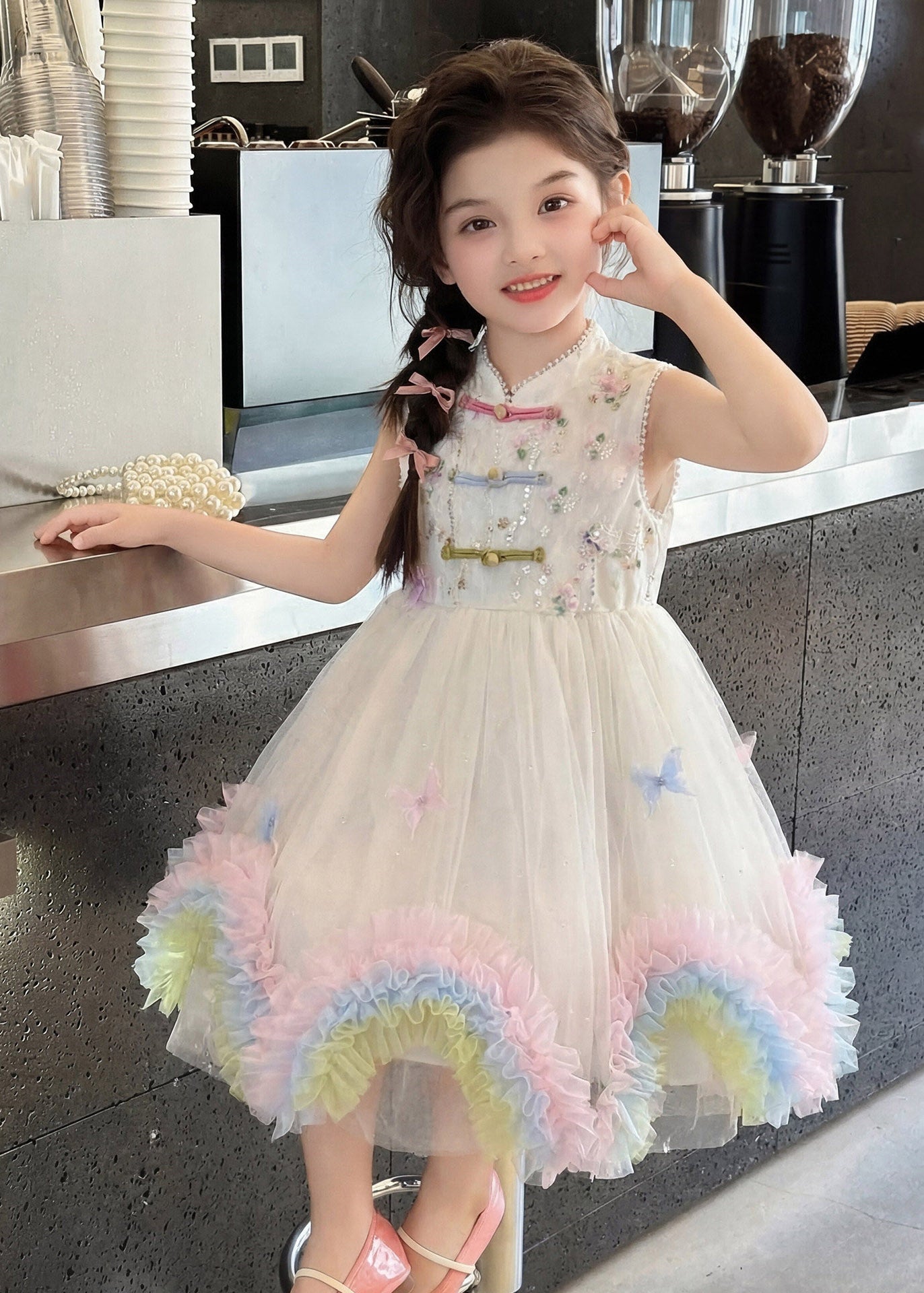 Elegant White Stand Collar Patchwork Tulle Kids Maxi Dresses Sleeveless