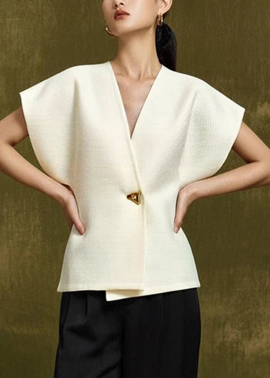 Elegant White V Neck Button Top Summer