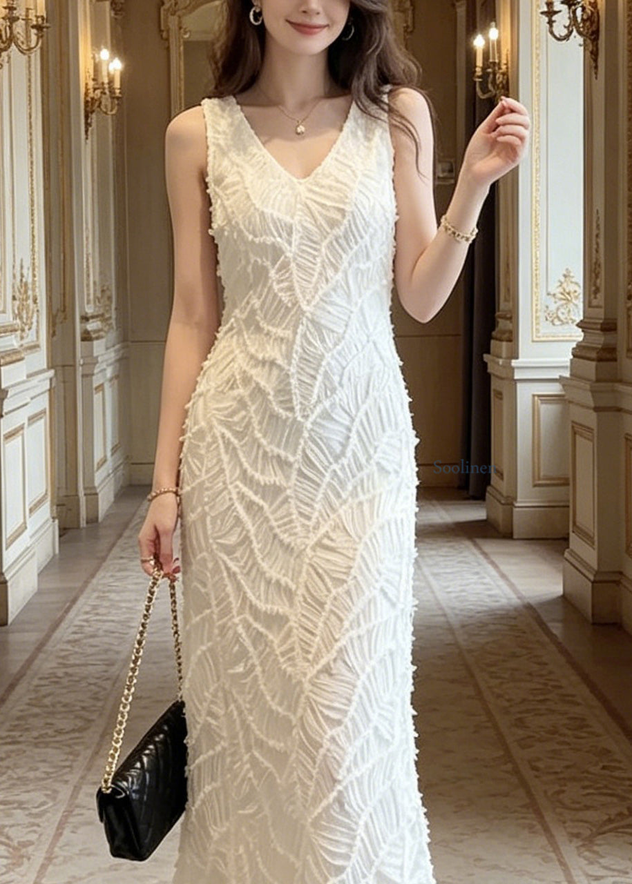 Elegant White V Neck Long Spaghetti Strap Dresses Summer