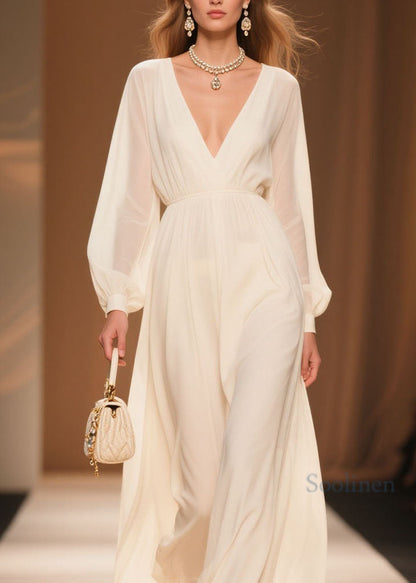 Elegant White V Neck Patchwork Chiffon Dress Spring