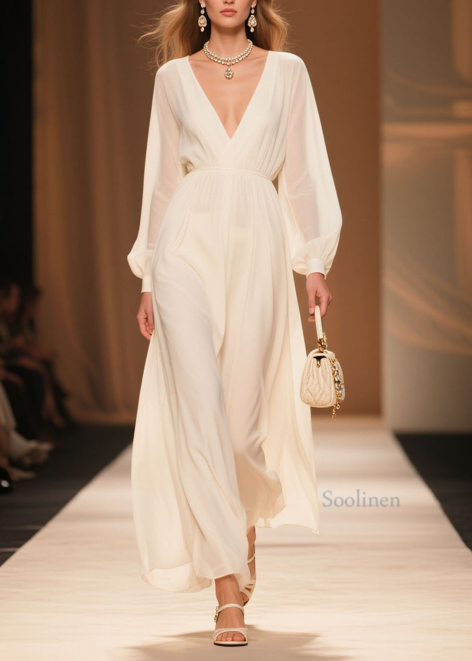 Elegant White V Neck Patchwork Chiffon Dress Spring
