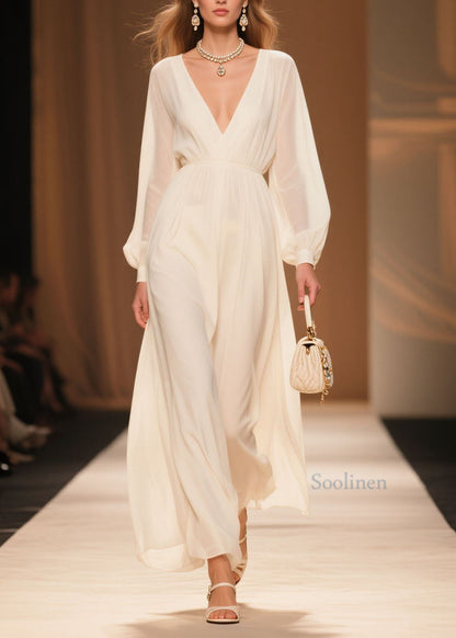 Elegant White V Neck Patchwork Chiffon Dress Spring
