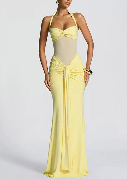 Elegant Yellow Halter Tulle Patchwork Flattering Long Dress Summer