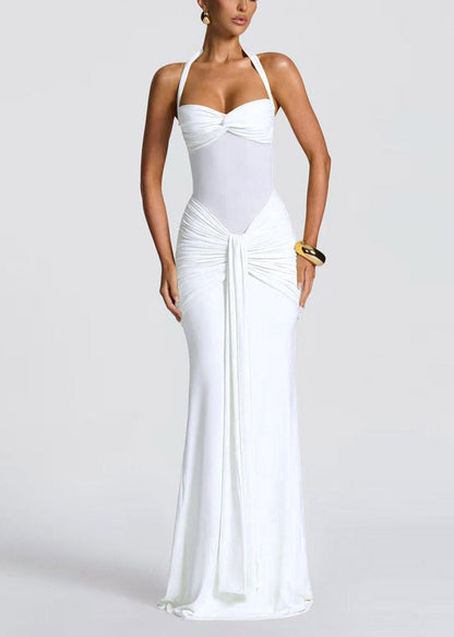 Elegant Yellow Halter Tulle Patchwork Flattering Long Dress Summer