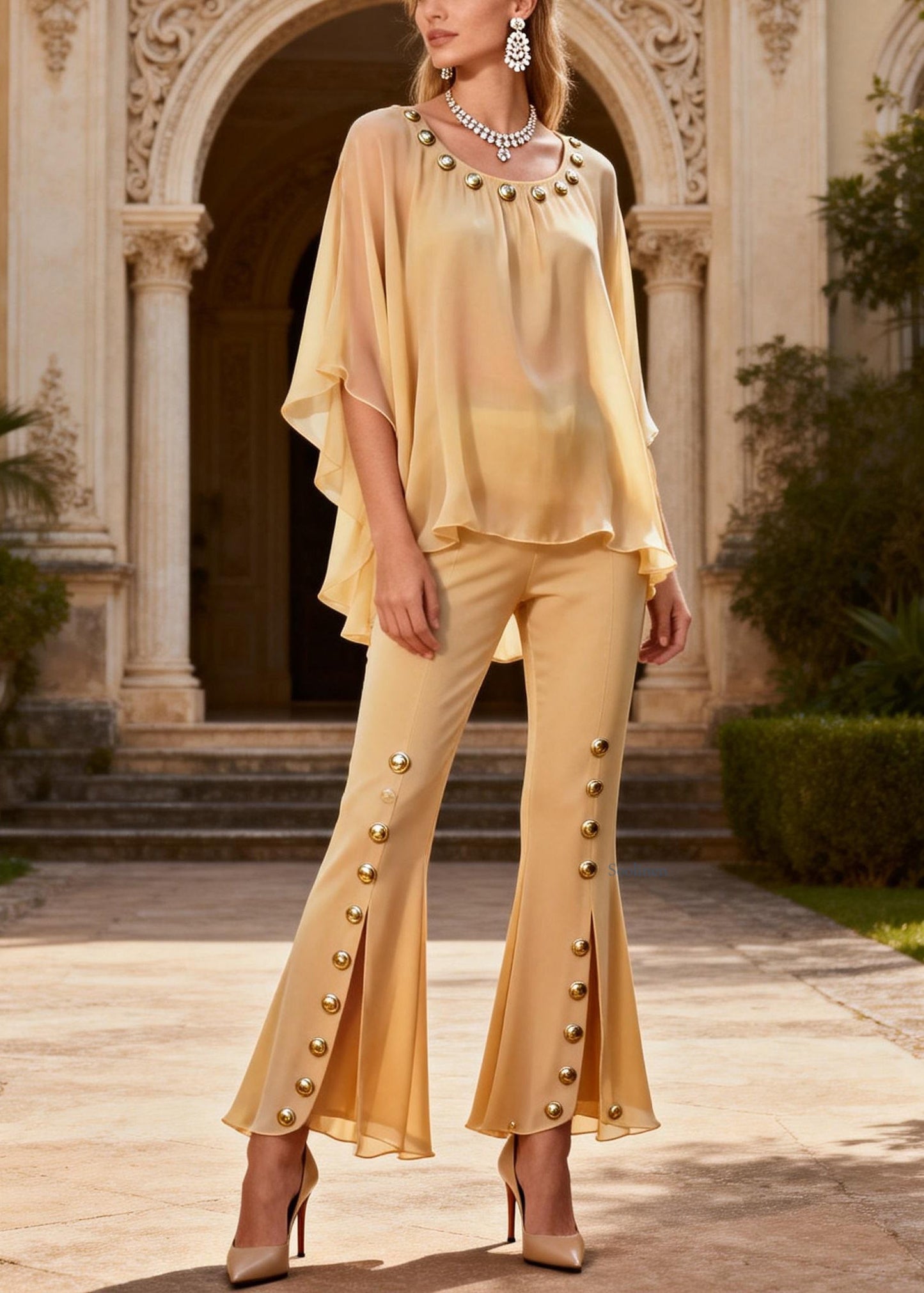 Elegant Yellow O-Neck Rivet Chiffon Top And Flared Trousers Two Piece Set Flare Sleeve
