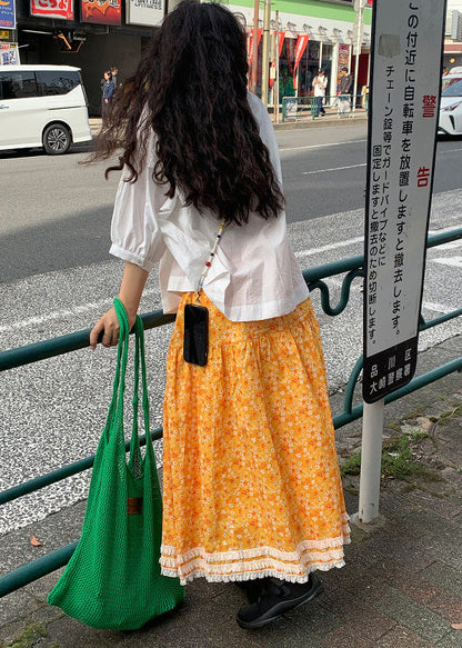 Elegant Yellow Print Lace Patchwork Cotton Skirt Summer