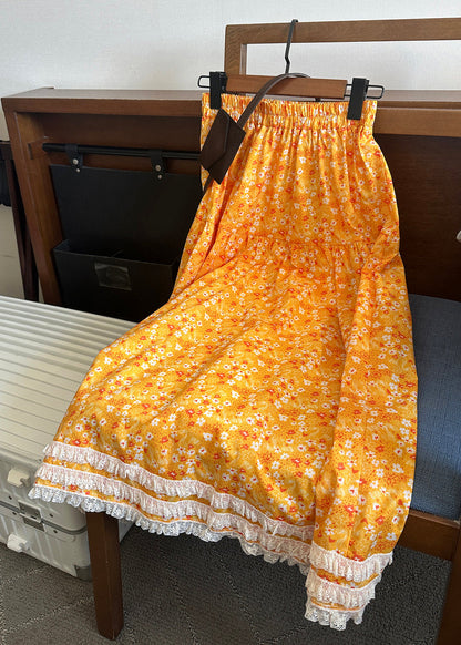 Elegant Yellow Print Lace Patchwork Cotton Skirt Summer