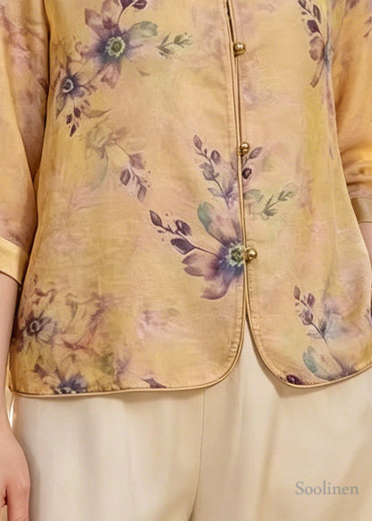 Elegant Yellow Print Silk Blouse Tops Bracelet Sleeve