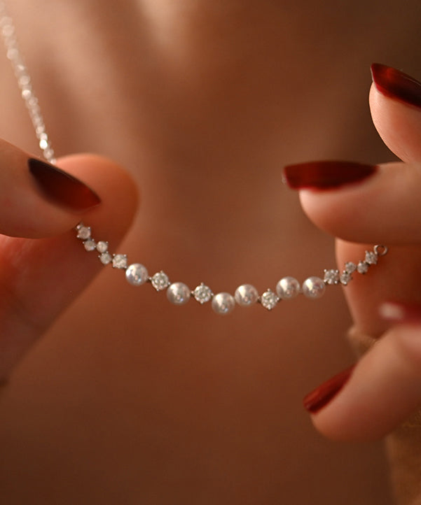 Elegant Zircon Pearl Adjustable Silver Choker