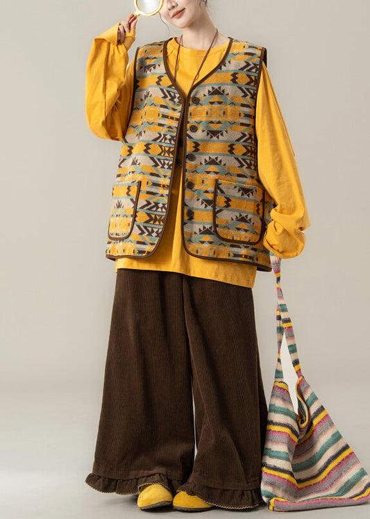 Ethnic Style Jacquard Vest And T Shirt Wide Leg Pants 3 Piece Outfit Winter