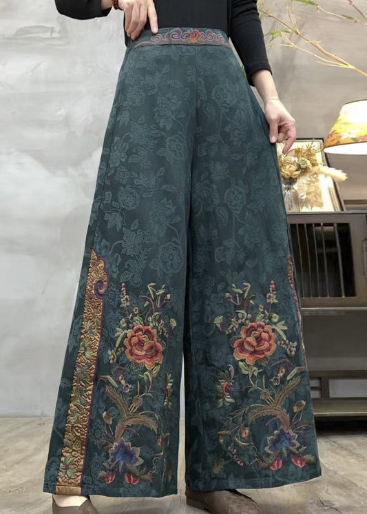 Ethnic Style Navy Embroidered Cotton Wide Leg Pants Spring