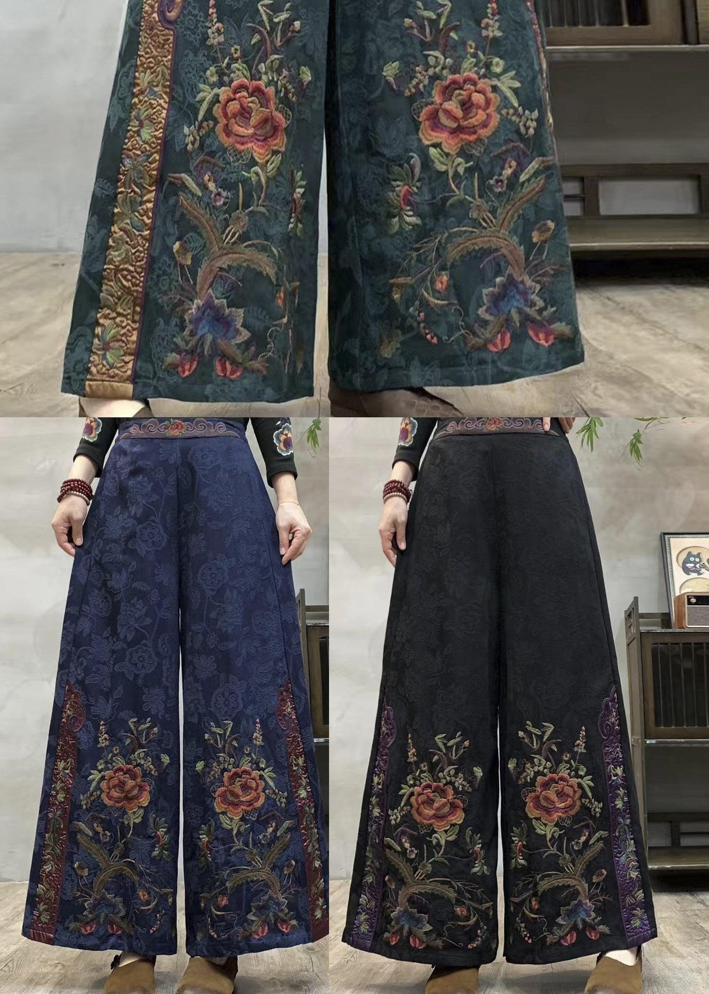 Ethnic Style Navy Embroidered Cotton Wide Leg Pants Spring