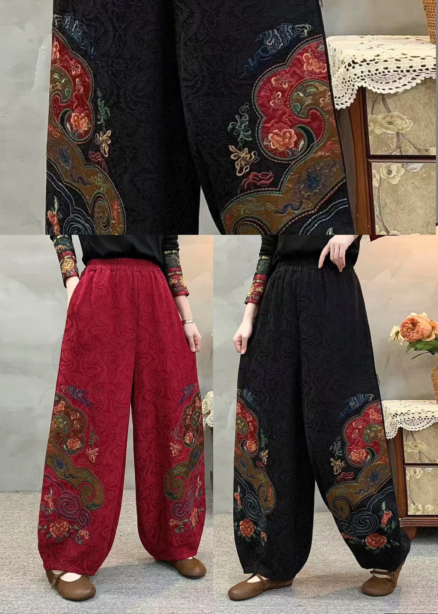 Ethnic Style Red Linen Harem Pants Embroidered Spring