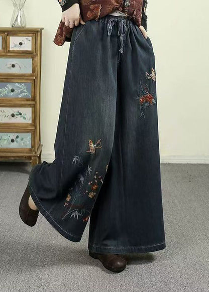Ethnic Style Warm Fleece Embroidered Denim Wide Leg Pants