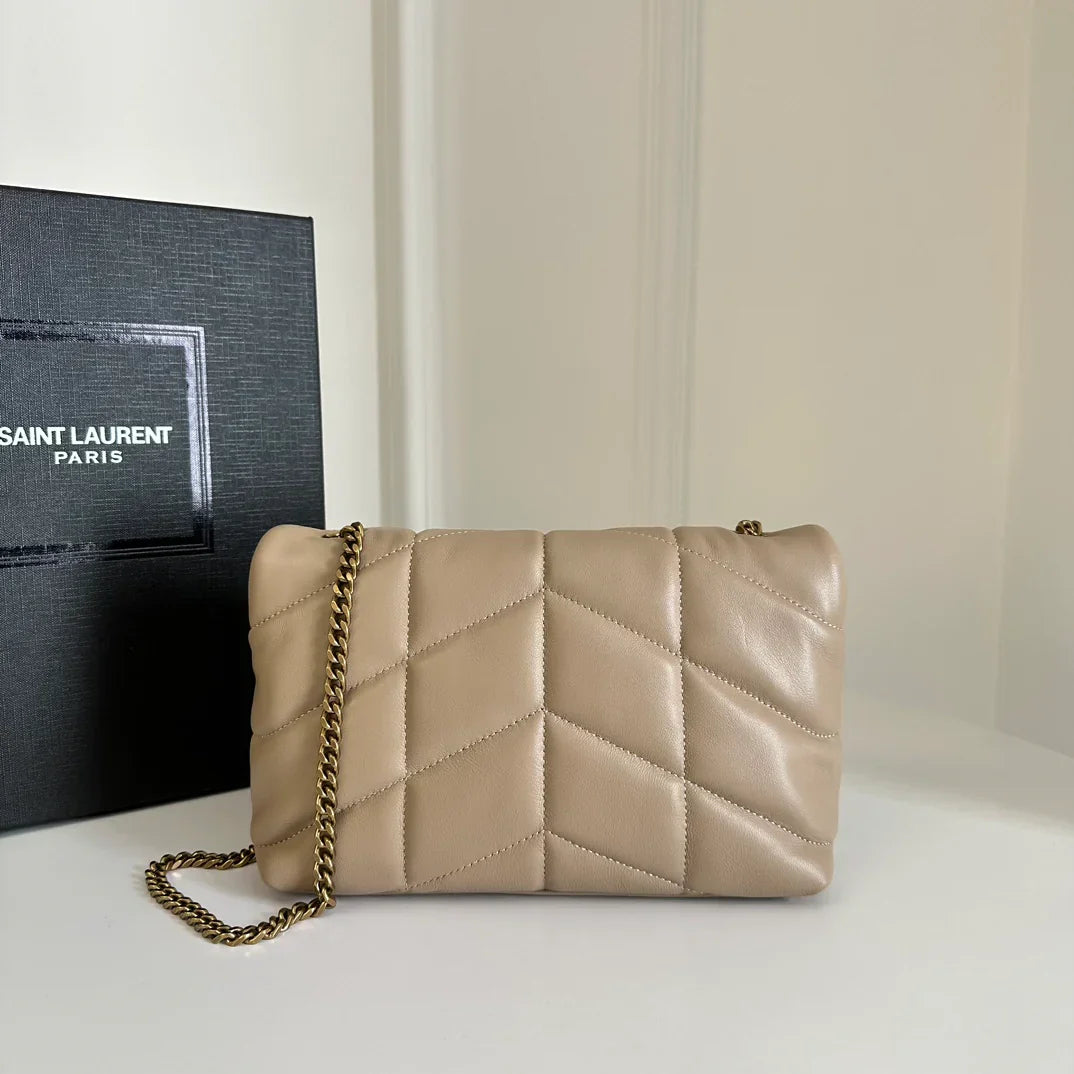 YSL  Loulou Puffer Toy Bag In Quilted Lambskin Beige Size 23x15.5x8.5