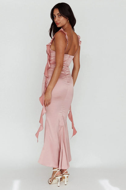 Blushing Ruffle Trim Midi Dress Mauve