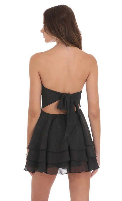 Shimmer Striped Asymmetrical Dress in Black