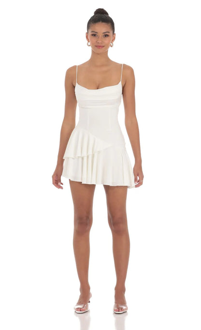 Cowl Neck Asymmetrical Ruffle Dress in White