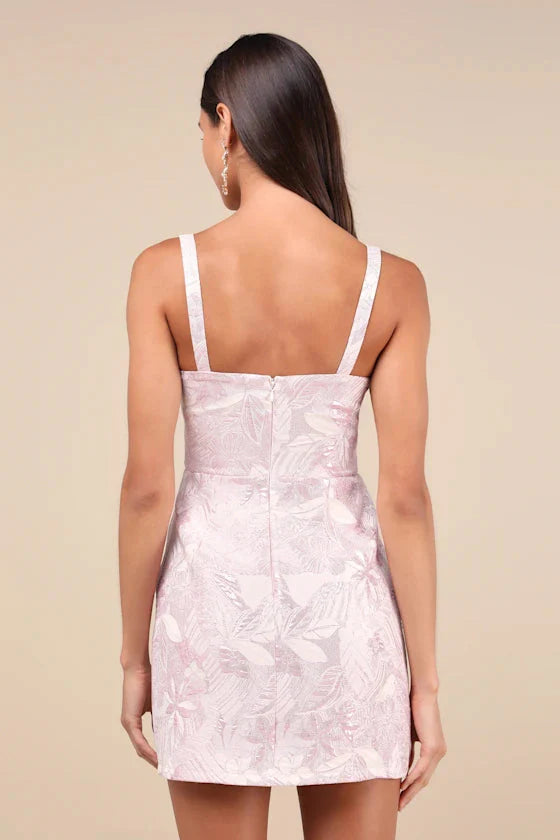 Shine for Us Shiny Rose Pink Tropical Jacquard Mini Dress
