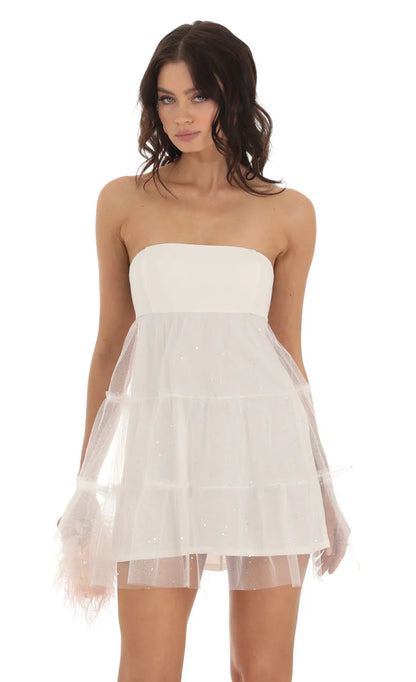 Tulle Shimmer Babydoll Dress in White