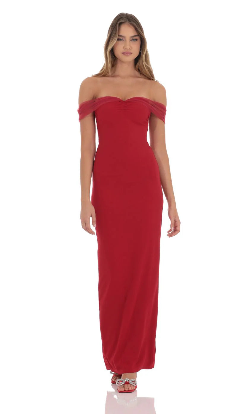 Tulle Off Shoulder Sleeve Maxi Dress in Red