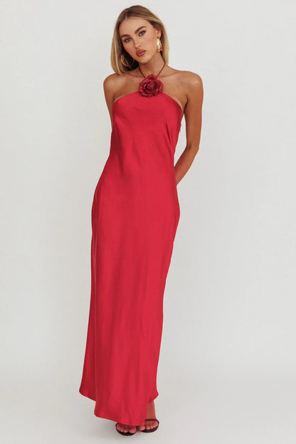 High Roller Flower Decoration Halter Dress Wine