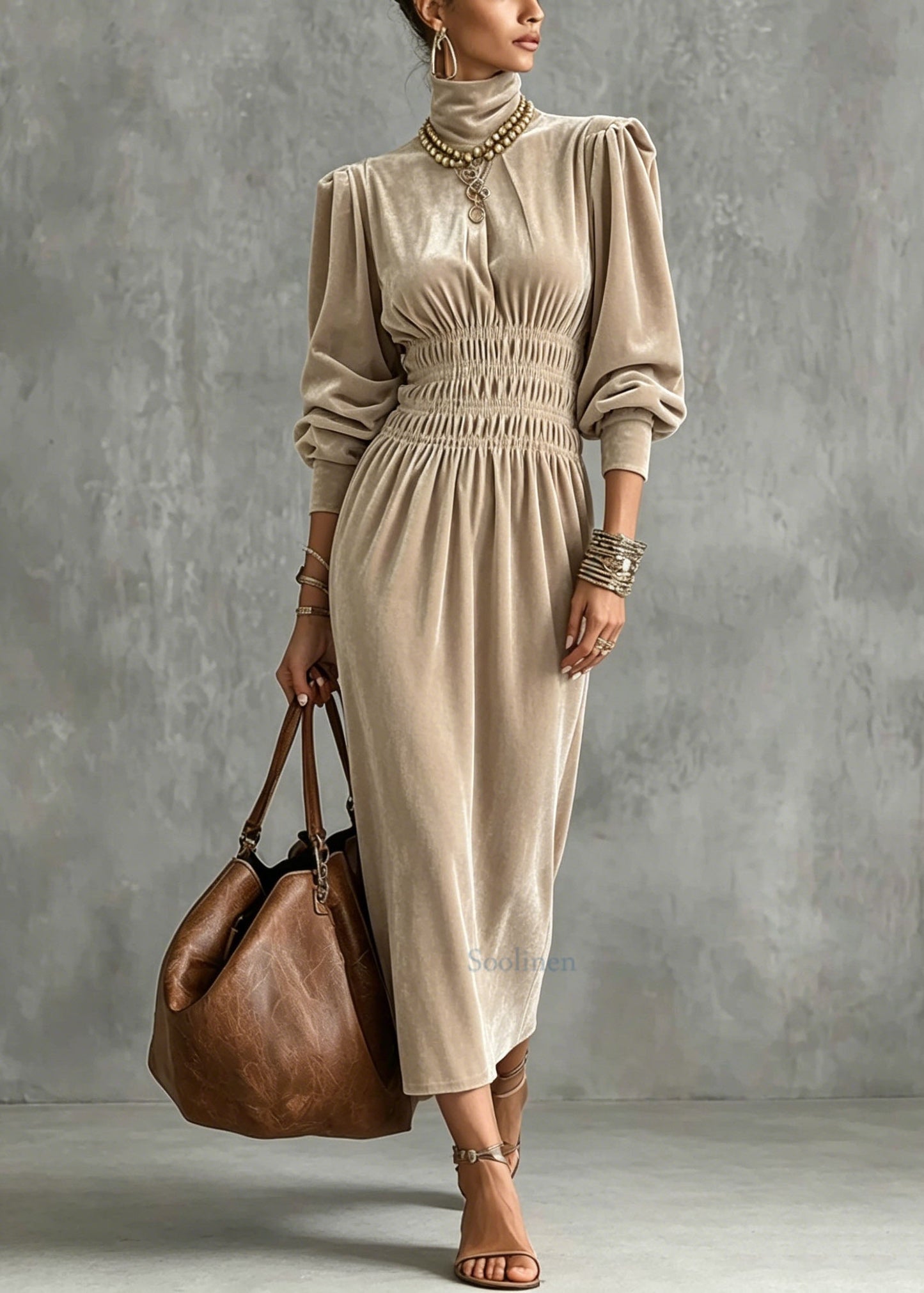 Fashion Apricot Hign Neck Wrinkled Patchwork Velvet Dress Lantern Sleeve