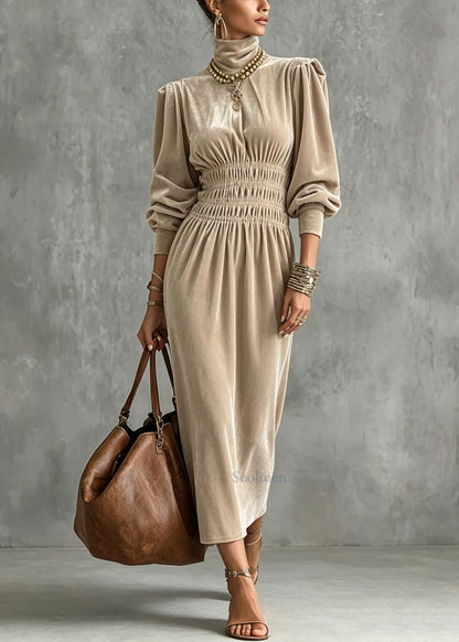Fashion Apricot Hign Neck Wrinkled Patchwork Velvet Dress Lantern Sleeve