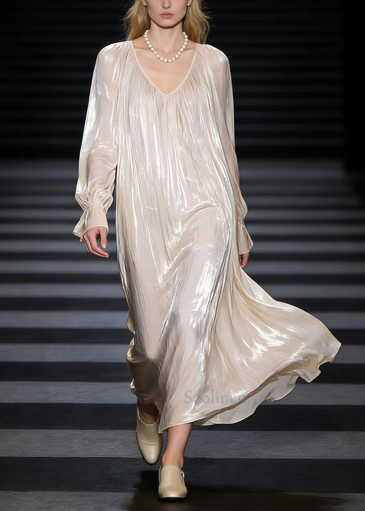 Fashion Beige Oversized Draping Silk Maxi Dress Spring