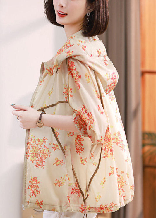 Fashion Beige Print Pockets Hoodie UPF 50+ Coat Jacket Spring