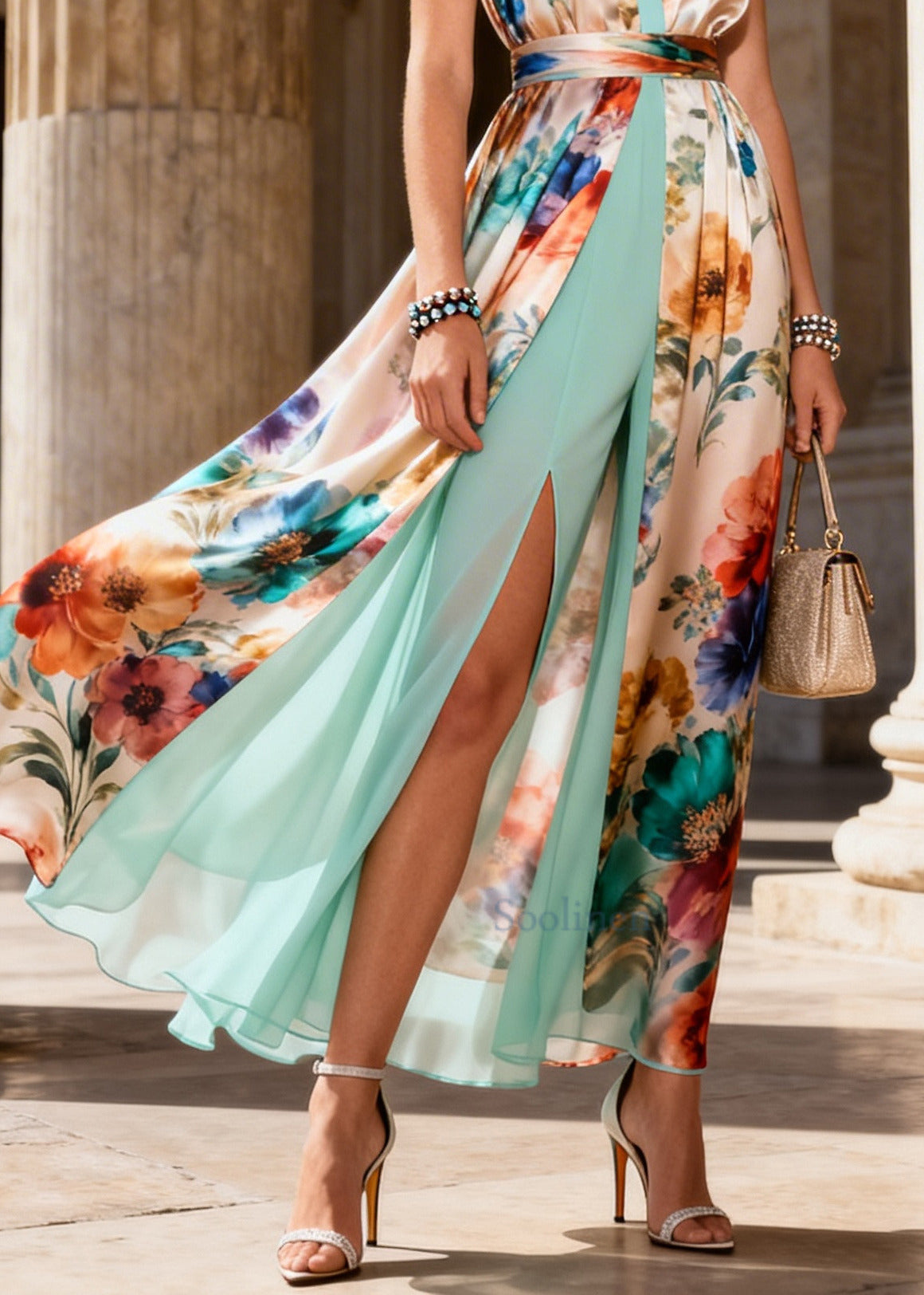 Fashion Beige Print Side Open Chiffon Fake Two Piece Long Dress Sleeveless