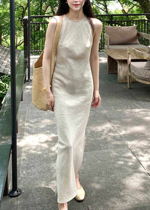 Fashion Beige Side Open Linen Ankle Dress Summer