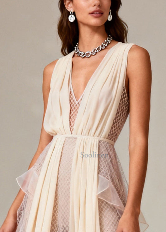 Fashion Beige V Neck Patchwork Mesh Long Dress Summer