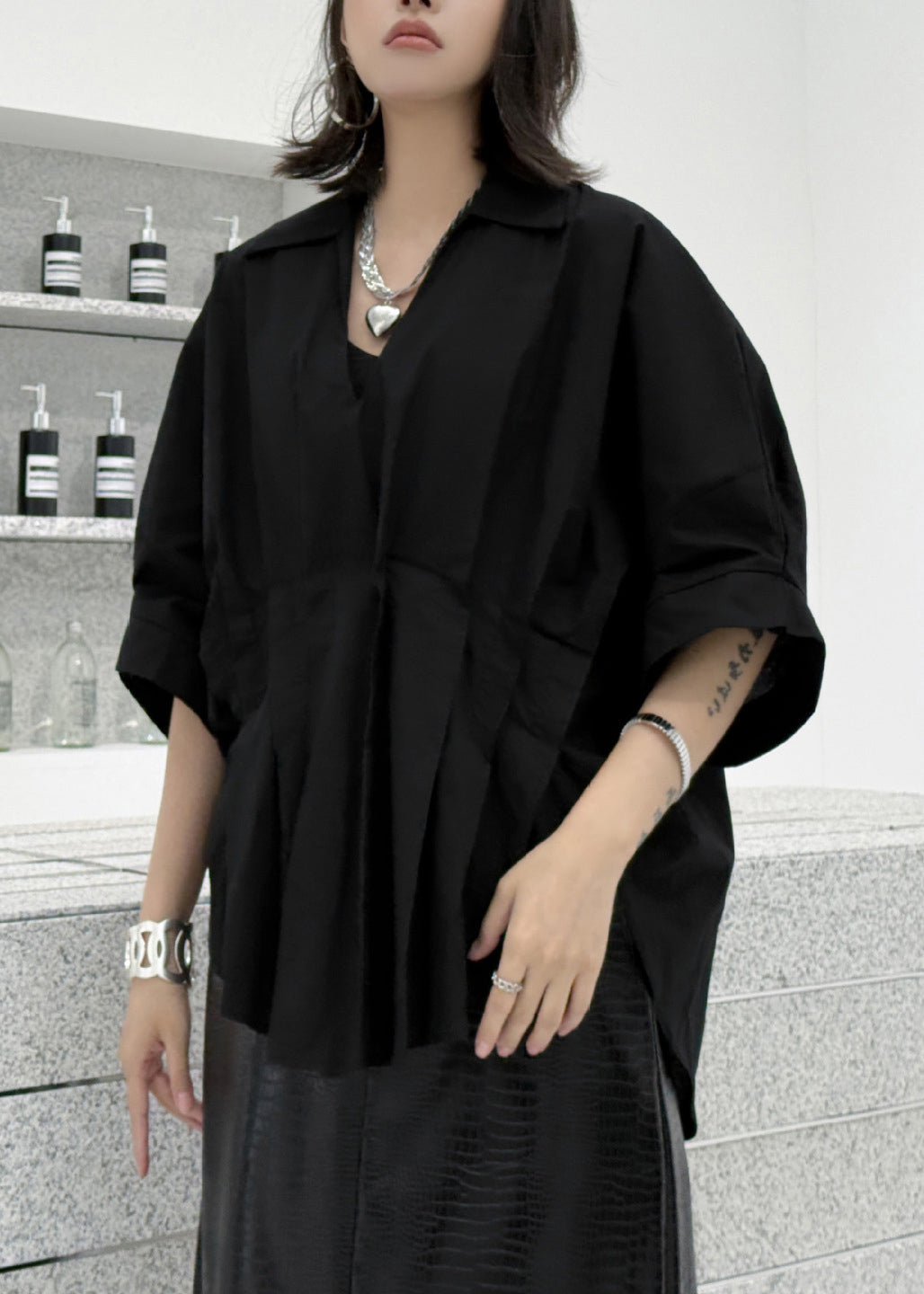 Fashion Black Asymmetrical Wrinkled Patchwork Cotton Blouses Summer