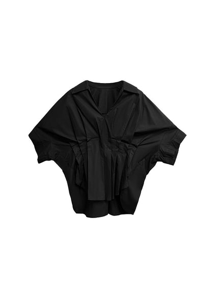 Fashion Black Asymmetrical Wrinkled Patchwork Cotton Blouses Summer