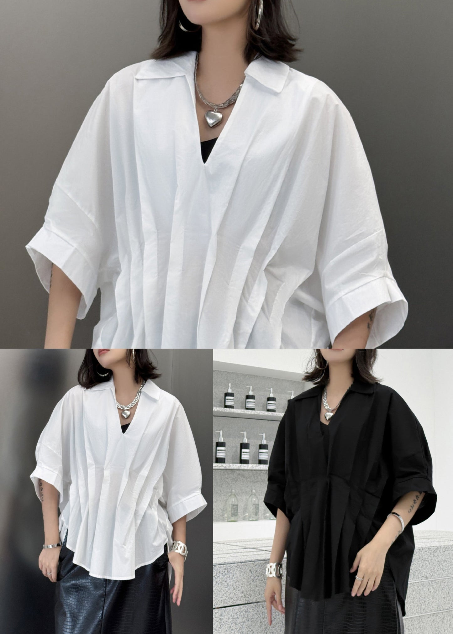 Fashion Black Asymmetrical Wrinkled Patchwork Cotton Blouses Summer